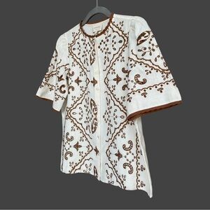 SEZANE Ecru Brown Floral Embroidered Eyelet Linen Button Down Blouse Waverly Top